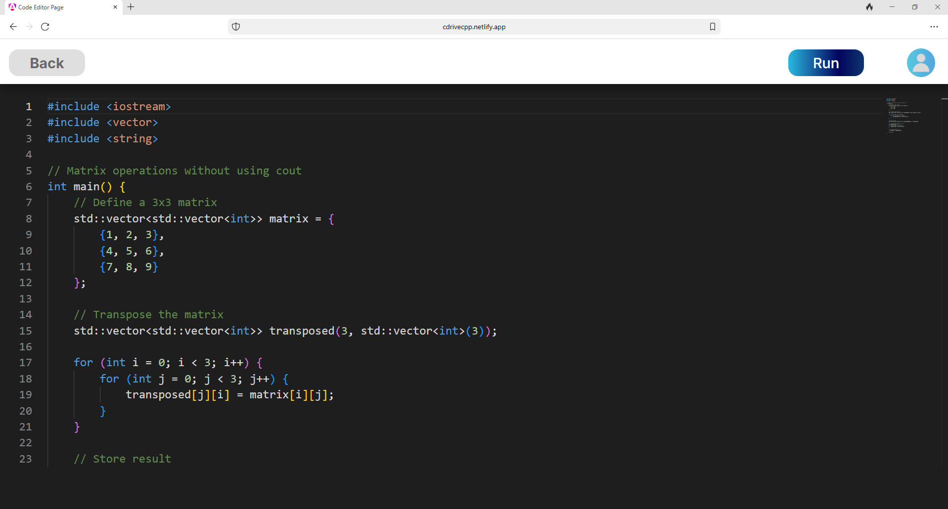 CDrive's code editor with an integrated terminal