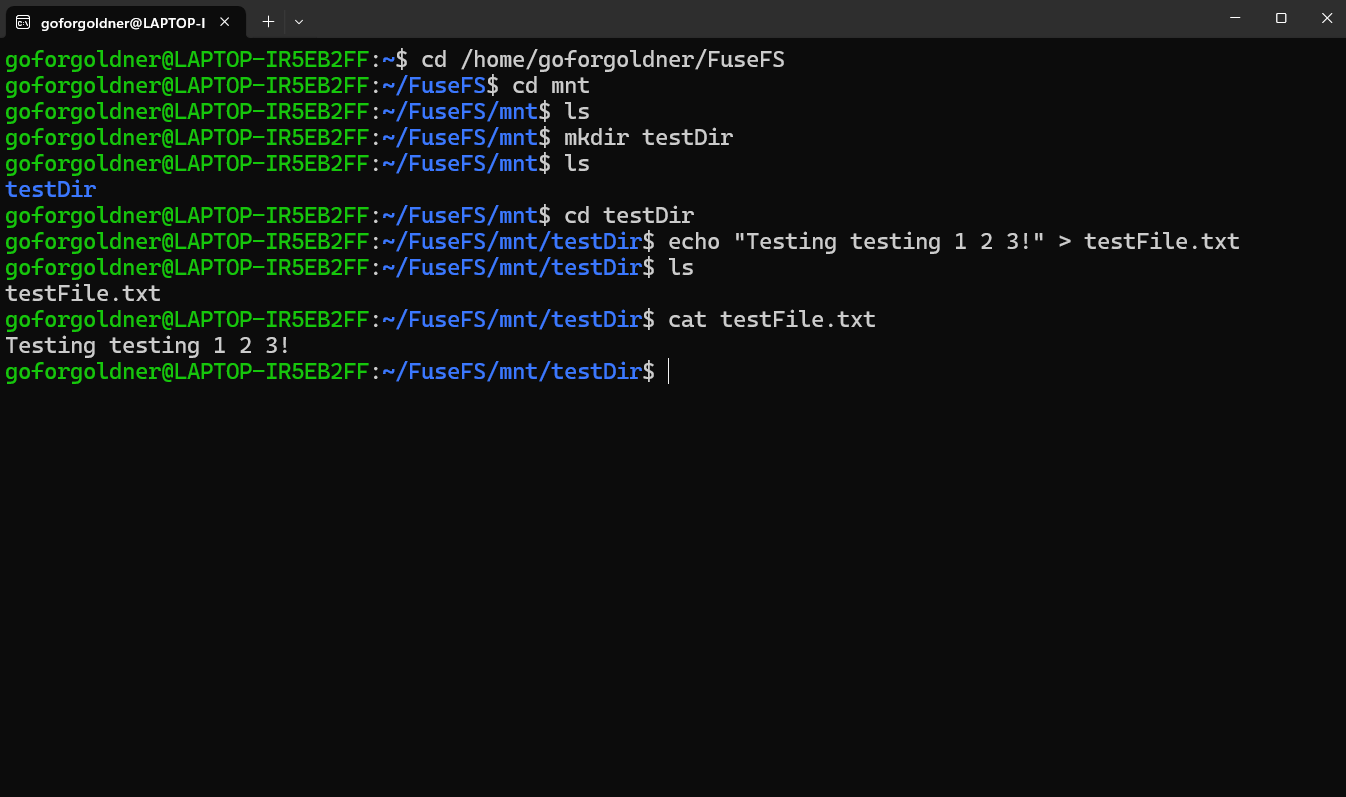Terminal output from a FuseFS session